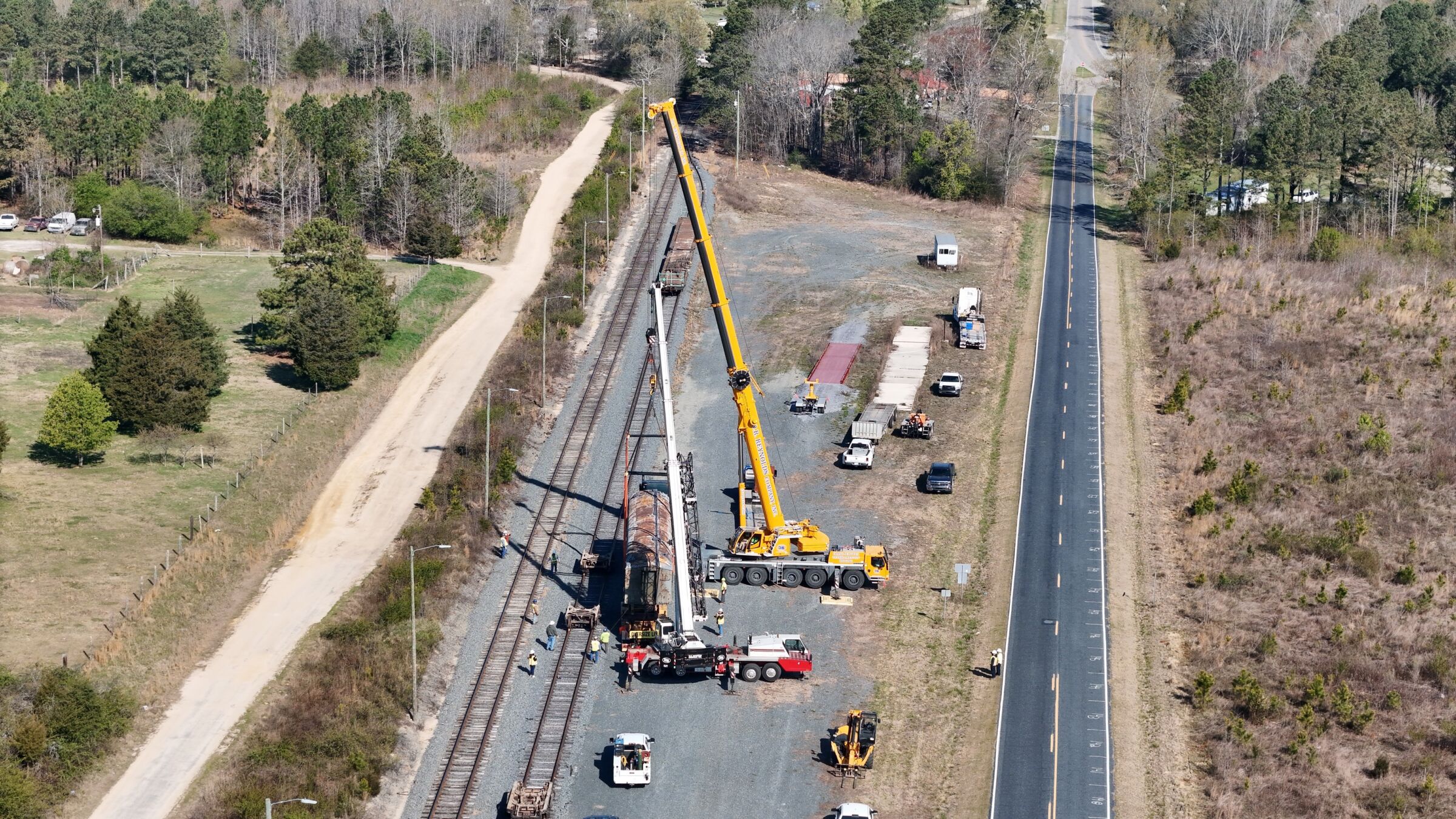 Cranes in use at a D.R. Reynolds construction site.